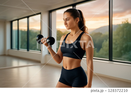 AI generated A young woman exercises in a bright gym during golden hour. The sunlight illuminates her focused expression and toned muscles while the scenic nature view provides a calming contrast. AI generated A young woman exercises in a bright gym during golden hour. The sunlight illuminates her focused expression and toned muscles while the scenic nature view provides a calming contrast. 128372210