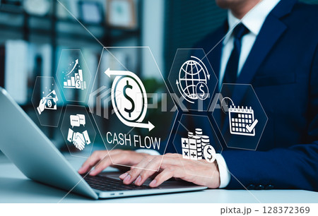 Cash flow management and financial analysis concept. Businessman working on laptop with icons representing cash flow, global finance, analytics, and planning, modern business and financial management. Cash flow management and financial analysis concept. Businessman working on laptop with icons representing cash flow, global finance, analytics, and planning, modern business and financial management. 128372369