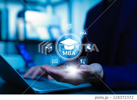 MBA, Master of Business Administration Education Concept. Icons MBA, graduation cap, growth chart, and business symbol, representing higher education, leadership, and professional career development. MBA, Master of Business Administration Education Concept. Icons MBA, graduation cap, growth chart, and business symbol, representing higher education, leadership, and professional career development. 128372372