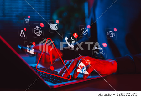 Online scam alert and cybersecurity warning concept. Man holding phone while using laptop, warning sign for scam with icons online threats, phishing, cyber secure, unknown person, suspicious scammer, Online scam alert and cybersecurity warning concept. Man holding phone while using laptop, warning sign for scam with icons online threats, phishing, cyber secure, unknown person, suspicious scammer, 128372373