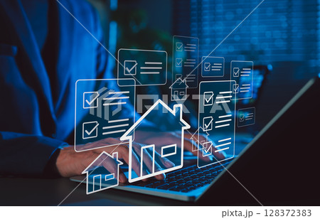 Real Estate Property Management and Checklist Concept. Person working with icons of houses and checklists, real estate property management, evaluation, housing inspection, and task tracking processes. Real Estate Property Management and Checklist Concept. Person working with icons of houses and checklists, real estate property management, evaluation, housing inspection, and task tracking processes. 128372383