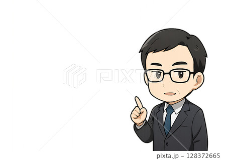 会議で冷静に発言する中堅メガネ営業マン（ホワイトボード背景・中央余白あり） 128372665