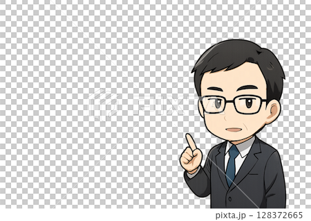 会議で冷静に発言する中堅メガネ営業マン（ホワイトボード背景・中央余白あり） 128372665