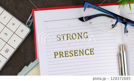 A conceptual phrase on the topic of business STRONG PRESENCE. Online reviews and global business presence 128372685