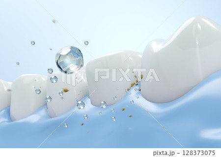 歯と歯の隙間を洗浄するオーラルケアのコンセプトイラスト 128373075