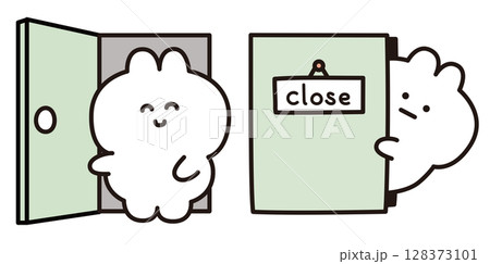 開いたドアから出てきたウサギとドアから覗くウサギ 開いたドアから出てきたウサギとドアから覗くウサギ 128373101