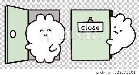 開いたドアから出てきたウサギとドアから覗くウサギ 開いたドアから出てきたウサギとドアから覗くウサギ 128373101