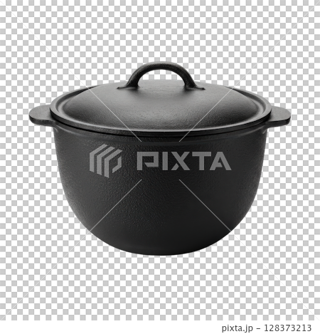 Black cast iron dutch oven with a lid and two sturdy side handles, perfect for cooking Black cast iron dutch oven with a lid and two sturdy side handles, perfect for cooking 128373213