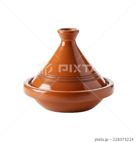 Traditional Moroccan terracotta tagine cooking pot with distinctive conical lid and earthy brown hue 128373214