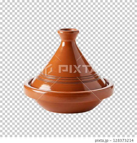 Traditional Moroccan terracotta tagine cooking pot with distinctive conical lid and earthy brown hue 128373214