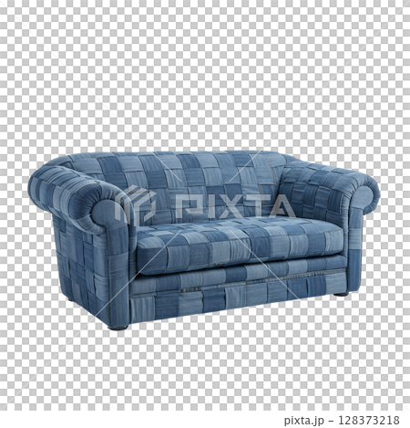 Unique two-seater sofa upholstered with blue denim patches, featuring rolled arms 128373218