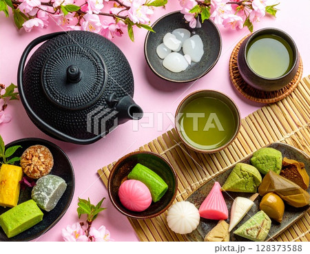 和のイメージ　鉄瓶とお茶と和菓子 128373588