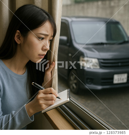 不審車を確認する若い女性 128373985