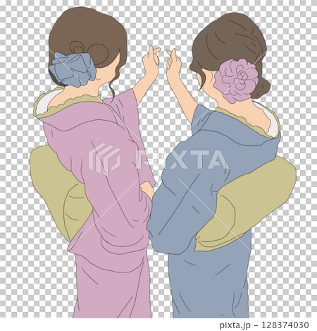 身穿和服的女子背影，用手指做出愛心形狀 128374030
