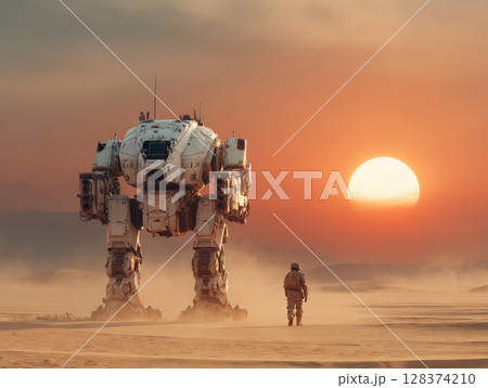 Massive unmarked military mech walking across desert toward rising sun with soldier nearby in dusty landscape 128374210