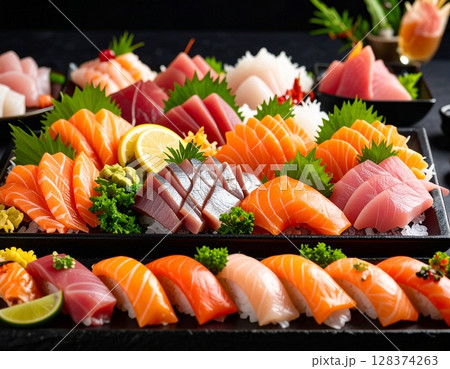 新鮮な刺身の盛合せとお寿司 新鮮な刺身の盛合せとお寿司 128374263