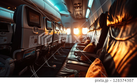 Softly lit interior of airplane cabin during golden hour with relaxed summer mood and empty leather seats by window light 128374307