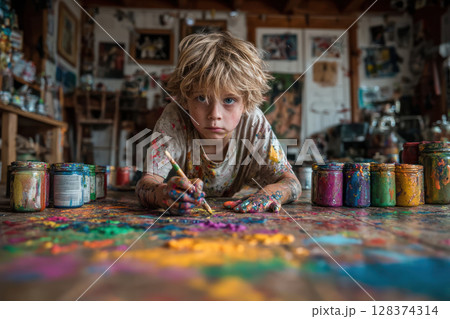 Child painting floor surrounded by colorful paint jars and splashes, showing focused and creative expression cozy art studio 128374314