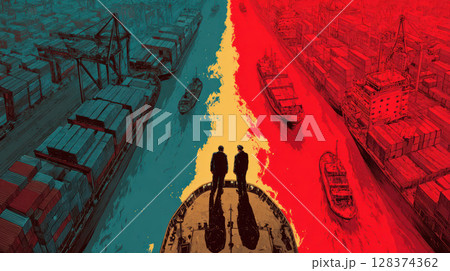 Economic trade war concept with two businessmen standing on ship bow dividing red and blue shipping lanes with cargo containers 128374362