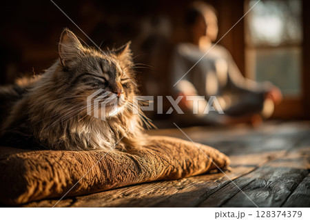 Cat resting on cushion with person meditating in background warm sunlight peaceful moment Cat resting on cushion with person meditating in background warm sunlight peaceful moment 128374379