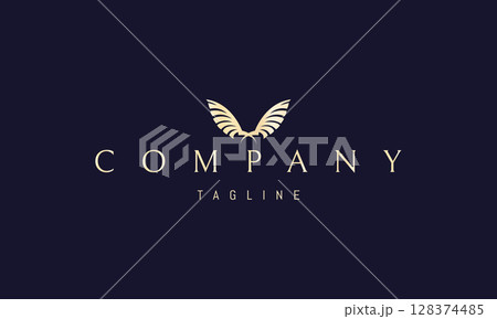 A vector golden logo featuring an abstract image a pair of crossed wings rendered in a clean, geometric style, symbolizing freedom, protection. 128374485
