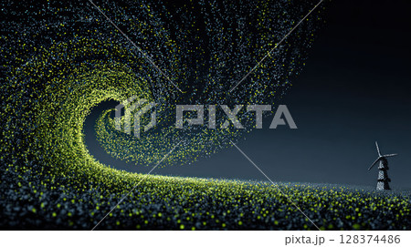 Green energy growth through renewable innovation is symbolized by wind turbine surrounded by swirling particles in dark sky 128374486