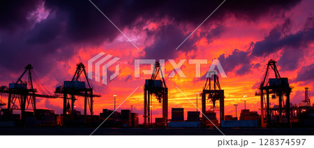 Freight cargo container shipment cranes stand tall at port during dramatic sunset sky creating powerful and vibrant industrial scene 128374597