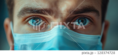 Close up of person with blue eyes wearing face mask showing fear and caution due to mysophobia while holding sanitizer for protection 128374728