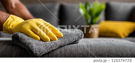 Cleaning with yellow glove shows mysophobia care to disinfect virus from sofa surface in living room with plant and pillow 128374729