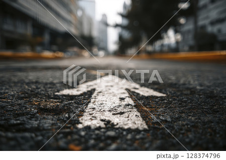 Growth and success are symbols of moving forward shown by white arrow on asphalt road in urban city environment 128374796