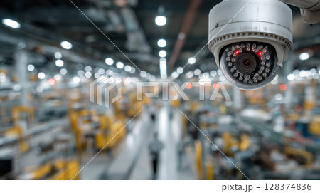 Security camera monitoring industrial warehouse with blurred background and bright lighting for safety 128374836