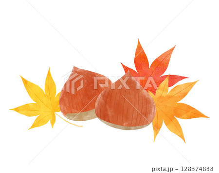 もみじと栗の水彩イラスト・赤と黄色の紅葉・秋の味覚・手がき素材 もみじと栗の水彩イラスト・赤と黄色の紅葉・秋の味覚・手がき素材 128374838