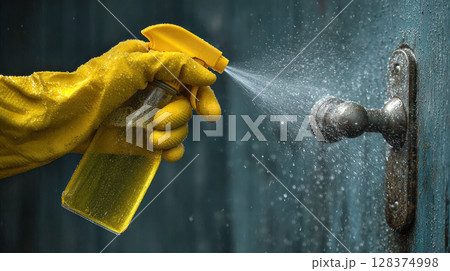 Cleaning spray bottle with disinfect liquid is used to clean door handle preventing virus spread for mysophobia protection and hygiene care 128374998