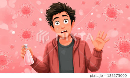 Fear and caution guide this young man with mysophobia holding sanitizer as he avoids germs in pink background filled with virus particles 128375000