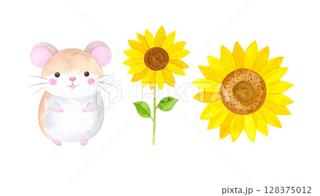 ハムちゃんとヒマワリのイラスト 128375012