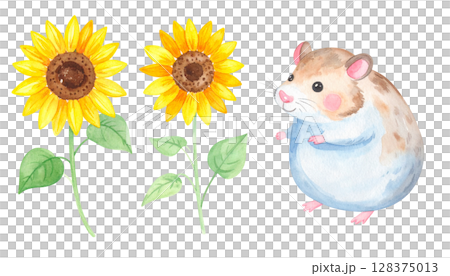 ハムちゃんとヒマワリのイラスト 128375013