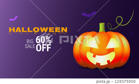 Halloween sale promo banner template offer design. Festive creepy design poster website. Vector illustration. 128375050