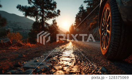 Car tire on winding road reflects warm sunset light as it invites travel through scenic mountainous landscape with trees 128375069