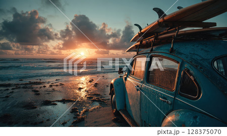 Vintage car with surfboards on roof is parked near beach at sunset ready for travel along road with waves and clouds in sky Vintage car with surfboards on roof is parked near beach at sunset ready for travel along road with waves and clouds in sky 128375070