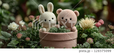 Kawaii bunny and bear plush toys sitting together in soft pink pot surrounded by green plants and flowers creating charming scene Kawaii bunny and bear plush toys sitting together in soft pink pot surrounded by green plants and flowers creating charming scene 128375099