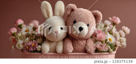 Kawaii teddy bear bunny plush toy soft cute adorable pink flower decoration gift 128375139