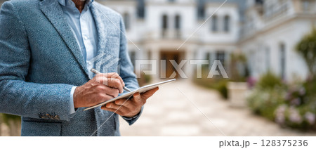 Real estate agent is working on tablet outside beautiful house showing property that could be your perfect home to buy or rent 128375236