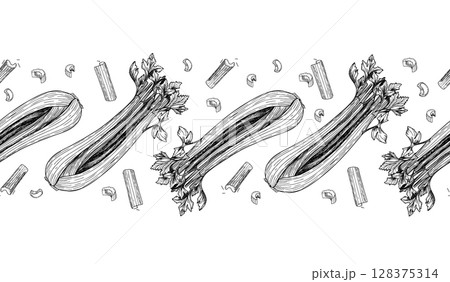 Celery vector Seamless Border. Hand Drawn Black White Vegetable Outline Pattern. Repeating Organic celery Stalks, Leaves for Healthy Food Packaging, Farm to Table Labels, and Vegan Product Branding. 128375314
