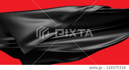 Black fabric flying in the wind isolated on red background 3D render Black fabric flying in the wind isolated on red background 3D render 128375316