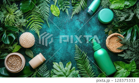 Natural skincare products with green leaves and spa accessories on turquoise background, promoting eco friendly beauty care 128375333