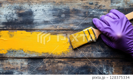 Woman hand in purple rubber glove painting wooden surface with yellow paint brush, creative home renovation and DIY project with tools 128375334