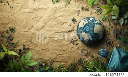 Recycled paper texture with ink drawn planet and environmental icons surrounded by green leaves, symbolizing nature and earth care 128375335
