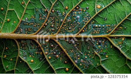 Close up of green leaf with veins shaped like circuit board representing eco friendly technology and sustainability in nature 128375354