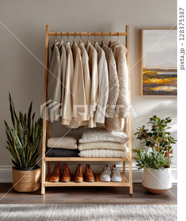 Cozy neutral clothing rack with jackets, sweaters, shoes, and green plants in warm, inviting room with wooden floor and artwork 128375387