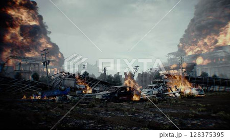 apocalyptic burning city. Armageddon. 3d rendering. apocalyptic burning city. Armageddon. 3d rendering. 128375395